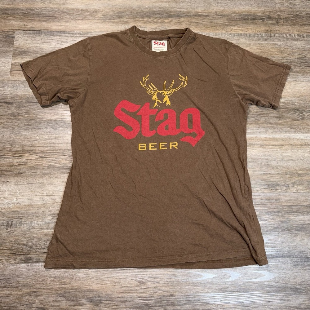 American Needle "Brass Tacks" Stag Beer Shirt Mens Large Brown Short Sleeve Logo